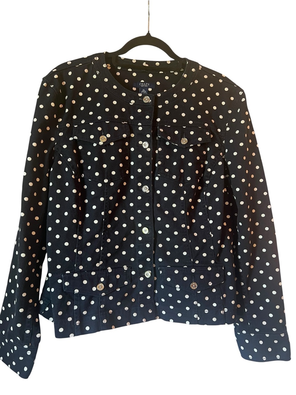 Chaps Polka Dot Denim Jacket XL Navy Blue Stretch Button Front Classic